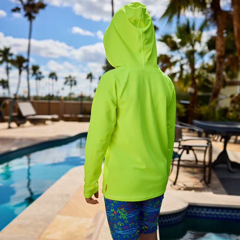 back of pullover hoodie boy walking by pool|neon-yellow