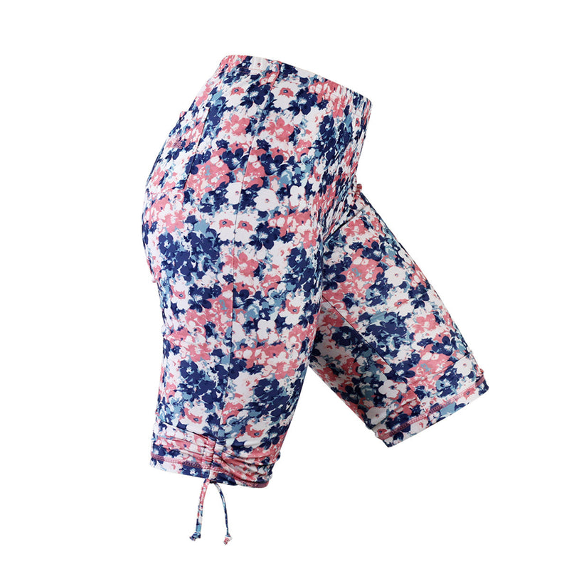 side view of the women's long swim shorts in monet garden|monet-garden