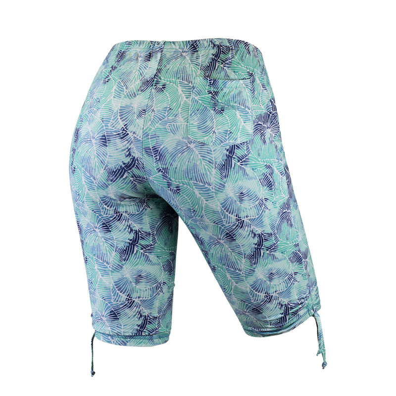 back view of the women's long swim shorts in watercolor tie dye|watercolor-tie-dye