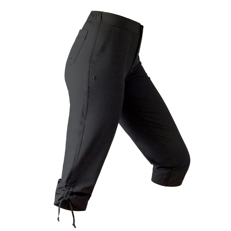 Side View of the Women's Beach Capris in Black|black