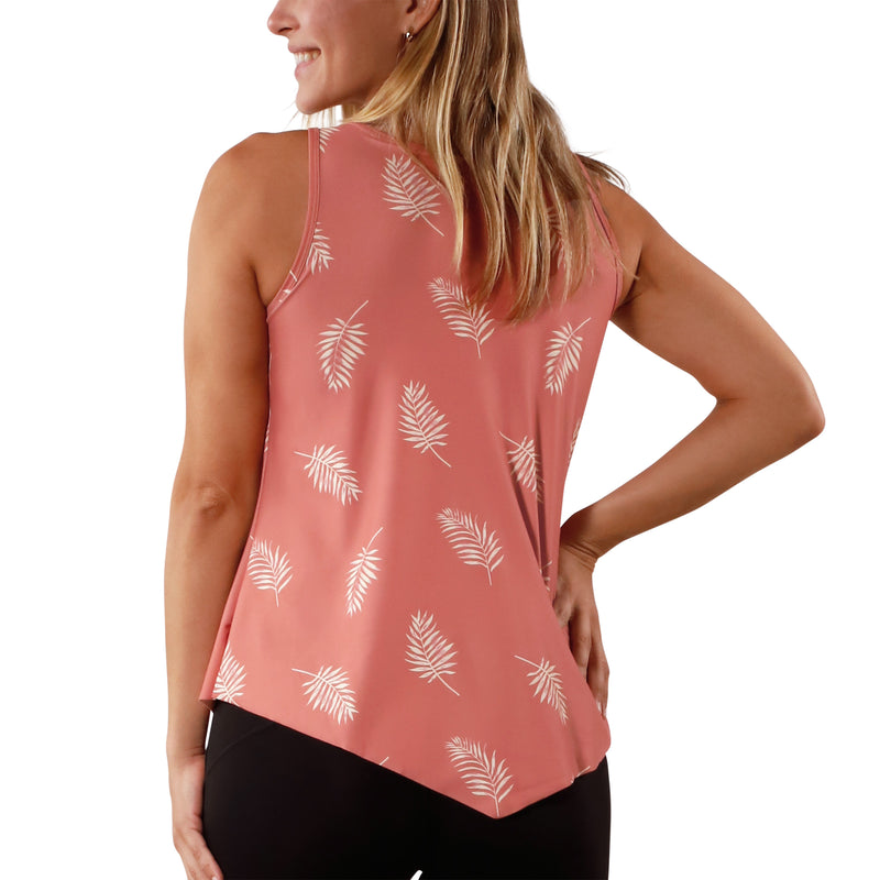 back view of women's UPF tank top in canyon palm|canyon-palm