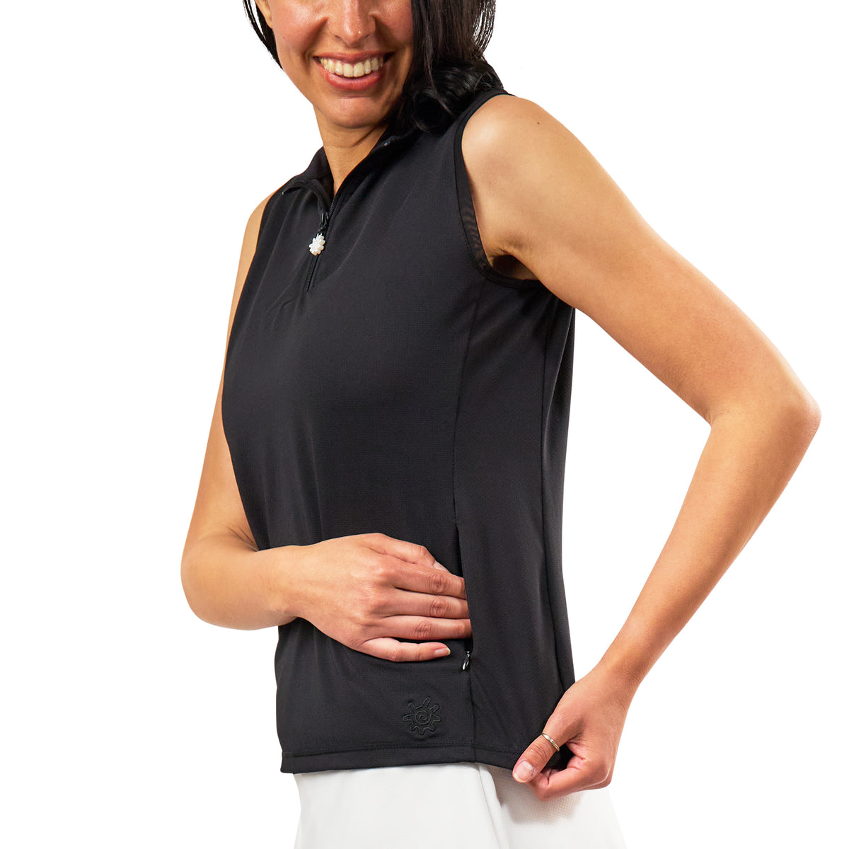 pocket view of womens front zip mock neck suntank in black|black