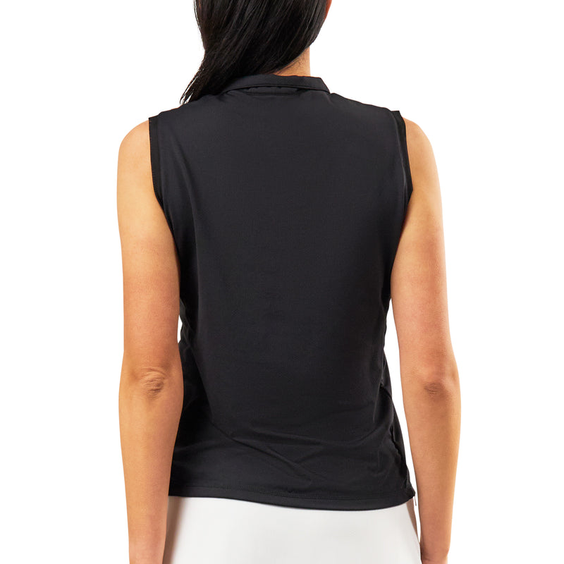 back view of womens front zip mock neck suntank in black|black