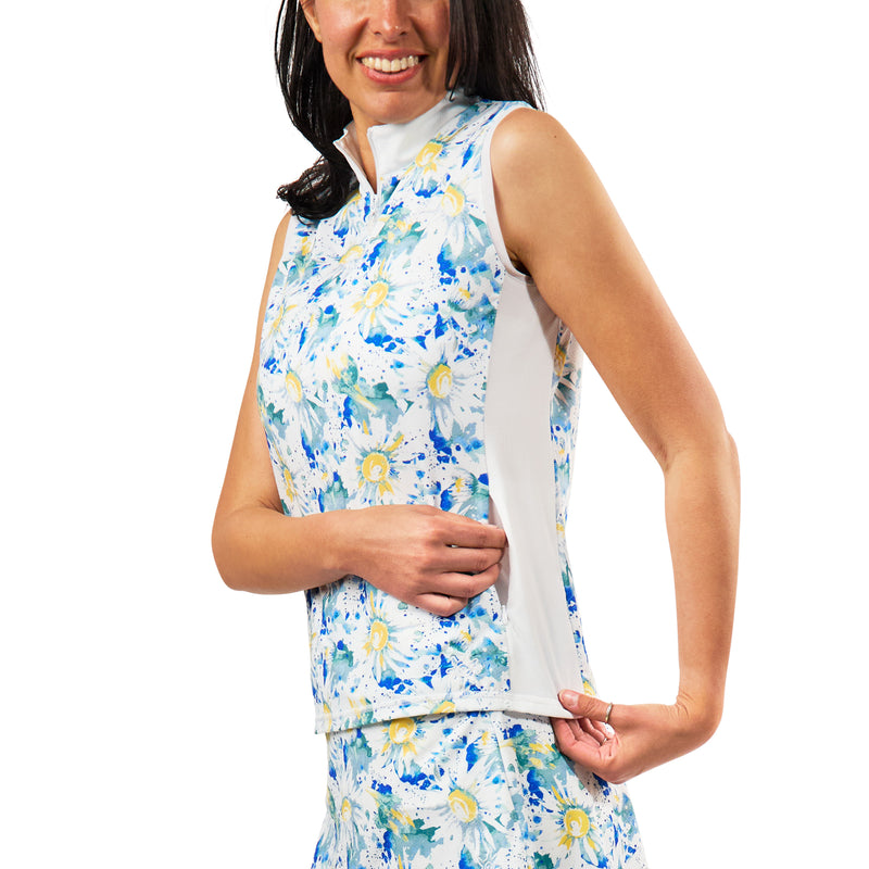 pocket view of womens front zip mock neck suntank in daisy splash|daisy-splash
