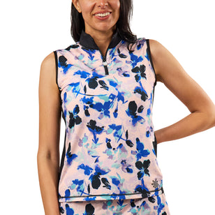 womens front zip mock neck suntank in water floral|water-floral