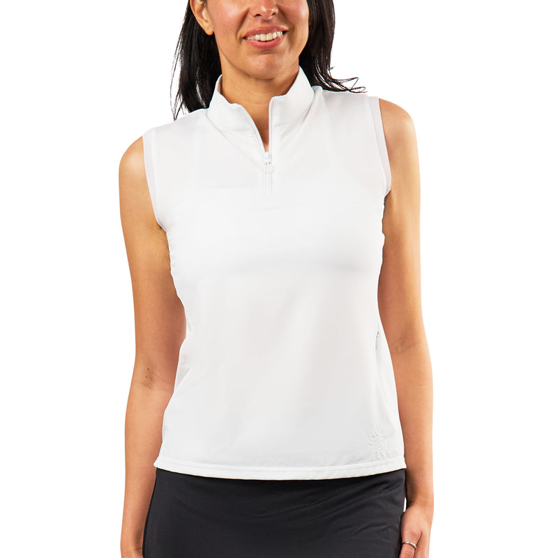 womens front zip mock neck suntank in white|white