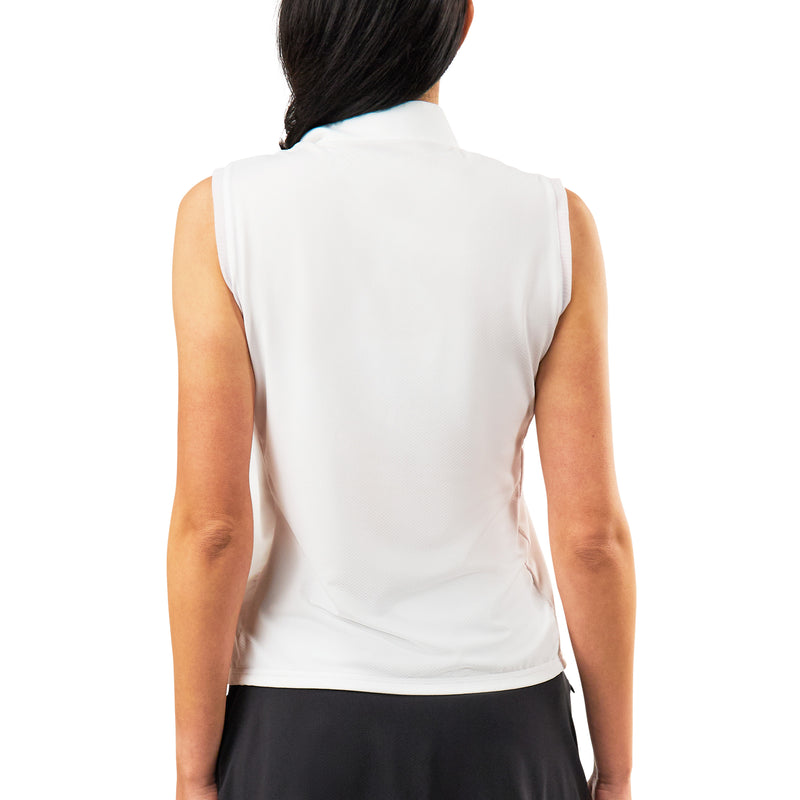 back view of womens front zip mock neck suntank in white|white