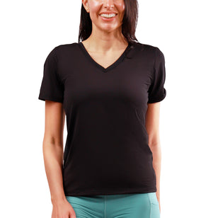 womens short sleeve active reverse neck tee in black|black