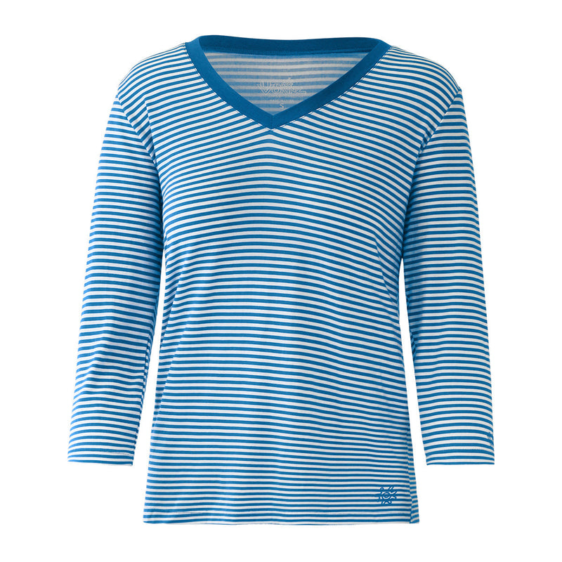 Women's 3/4 Sleeve V-Neck R&R Tee in Mykonos Stripe|mykonos-stripe