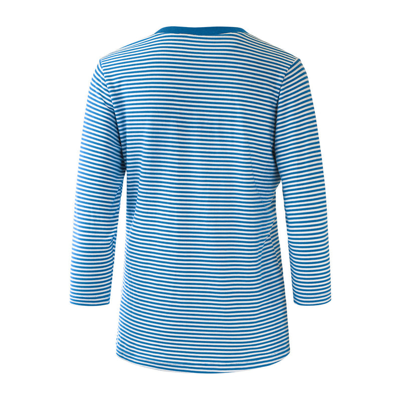 Back of the Women's 3/4 Sleeve V-Neck R&R Tee in Mykonos Stripe|mykonos-stripe