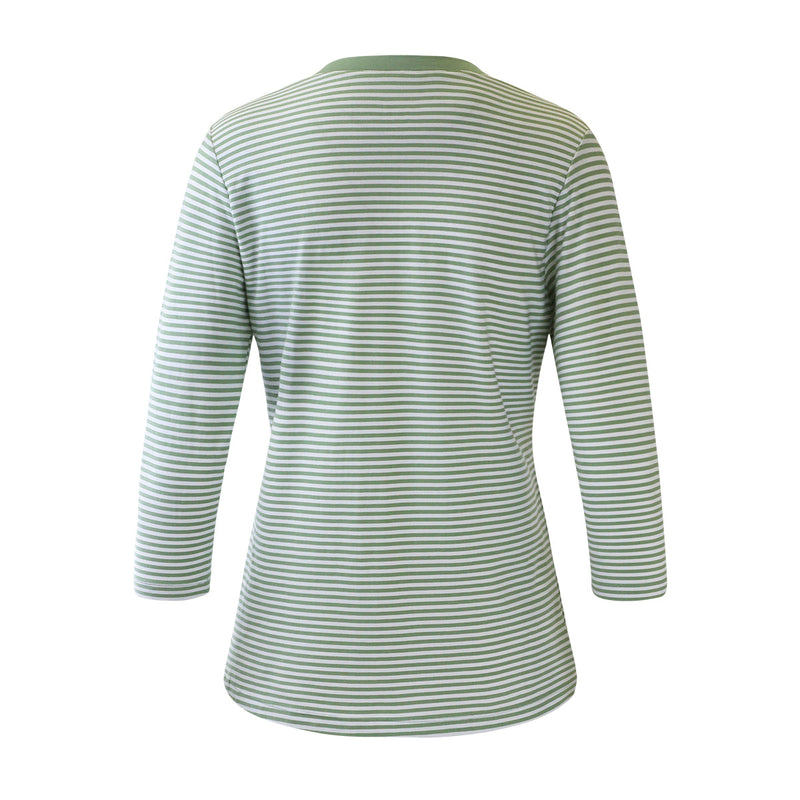 Back of the Women's 3/4 Sleeve V-Neck R&R Tee in Sage Stripe|sage-stripe