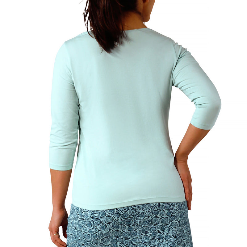 back view of womens 3/4 sleeve scoop neck r&r tee in dewdrop|dewdrop