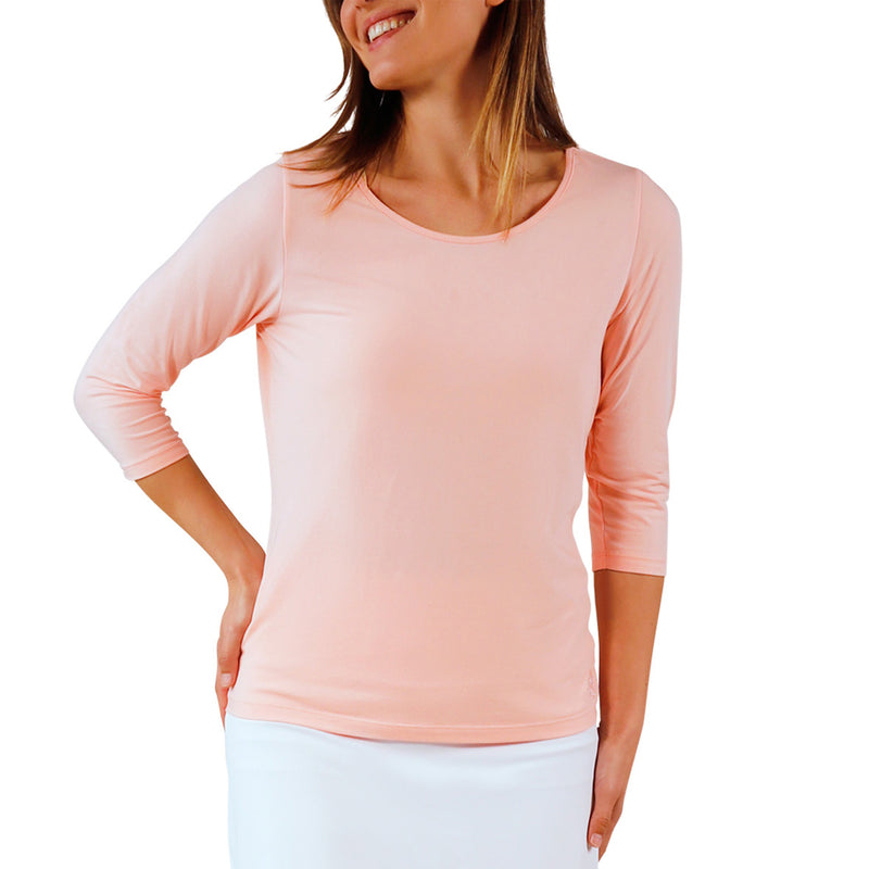 womens 3/4 sleeve scoop neck r&r tee|rosewater