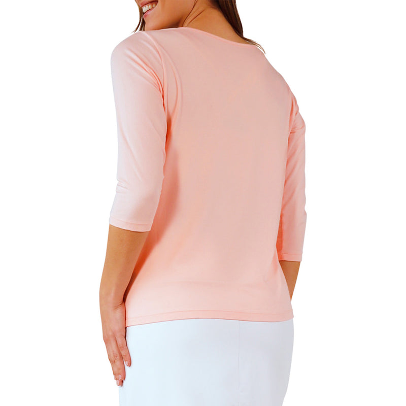 back view of womens 3/4 sleeve scoop neck r&r tee|rosewater