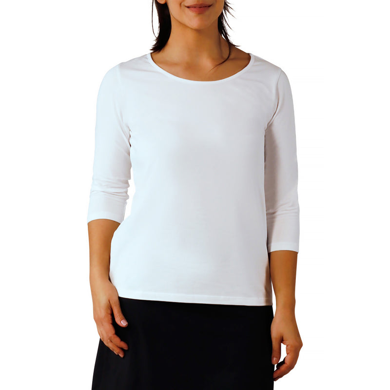 womens 3/4 sleeve scoop neck r&r tee|white