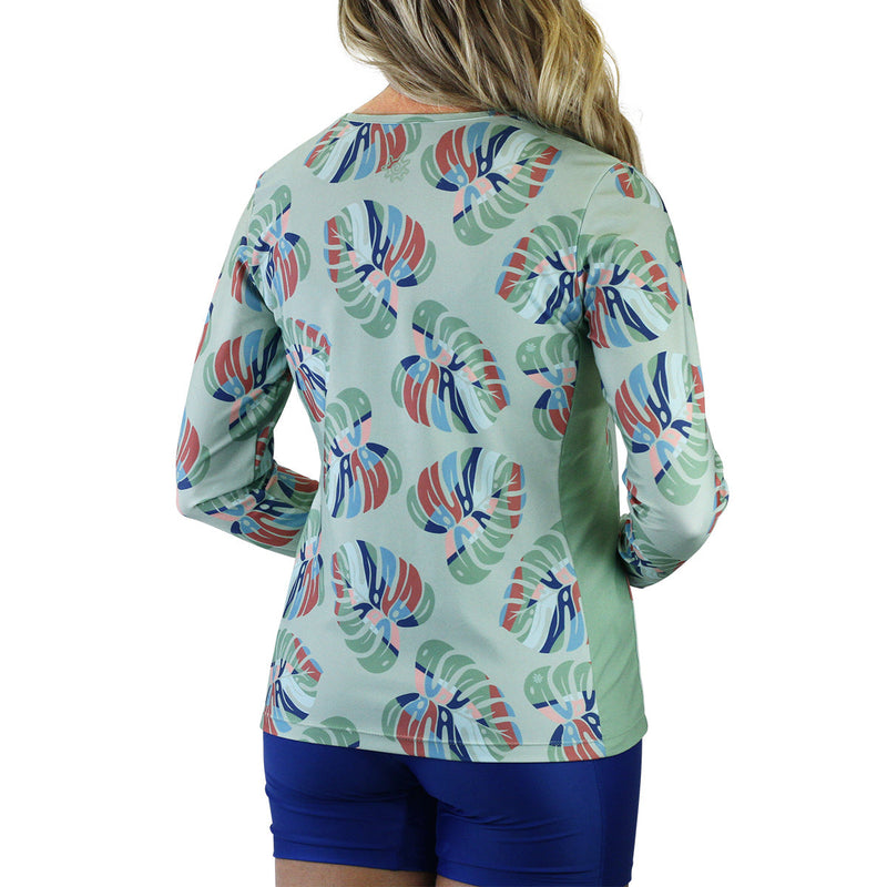 back of the women's long sleeve crew swim shirt in sage liana luck|sage-liana-luck