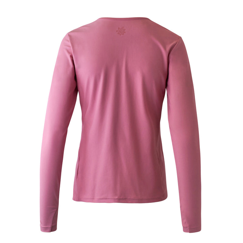 back view of the women's long sleeve crew swim shirt in wild rose|wild-rose