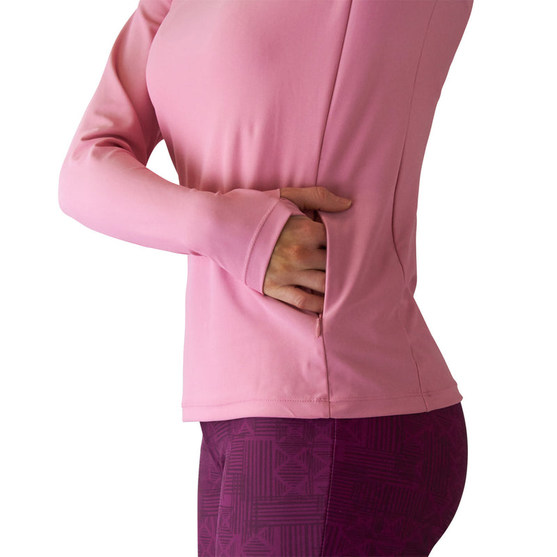 pocket view of the women's long sleeve crew swim shirt in wild rose|wild-rose