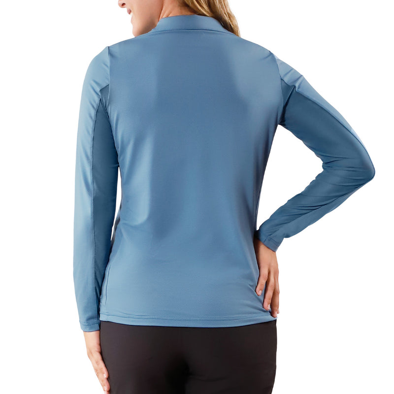 back view of womens long sleeve quarter zip vented sun shirt in baltic|baltic