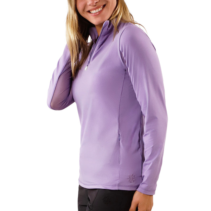 side view of womens long sleeve quarter zip vented sun shirt in daybreak|daybreak