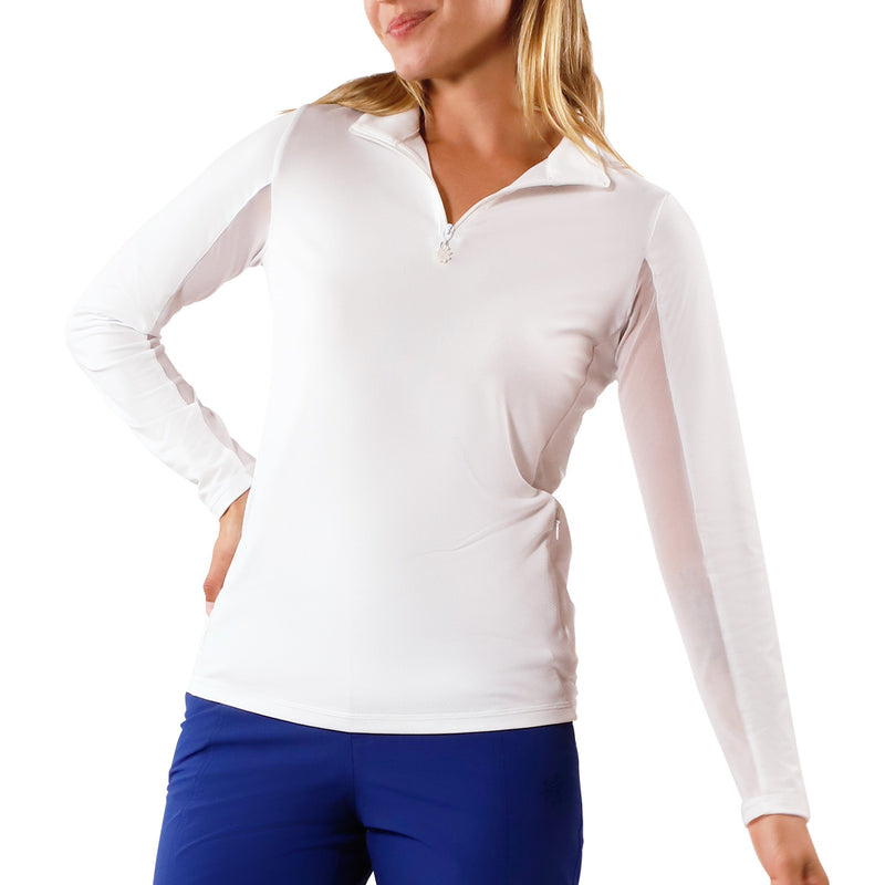 mesh arm view of womens long sleeve quarter zip vented sun shirt in white|white