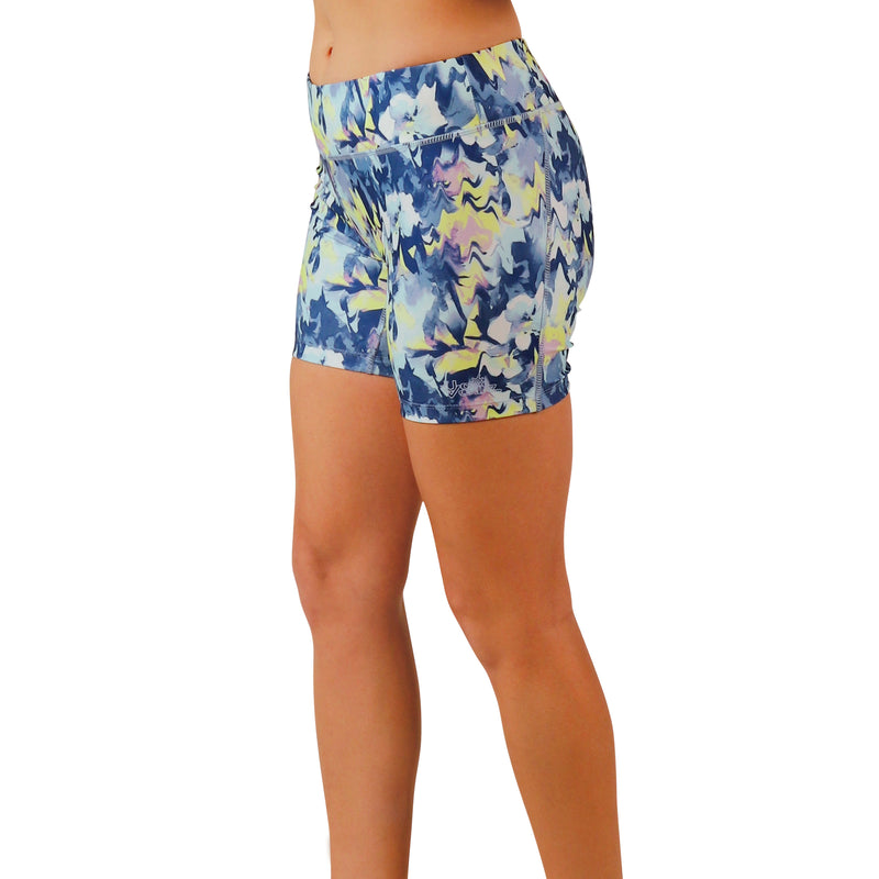 side view of womens active swim shorts|marbled-floral