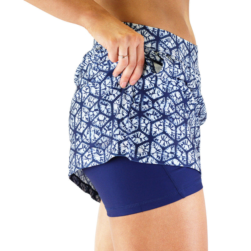 Side view of the women's active swim skirt in shibori tie dye|shibori-tie-dye