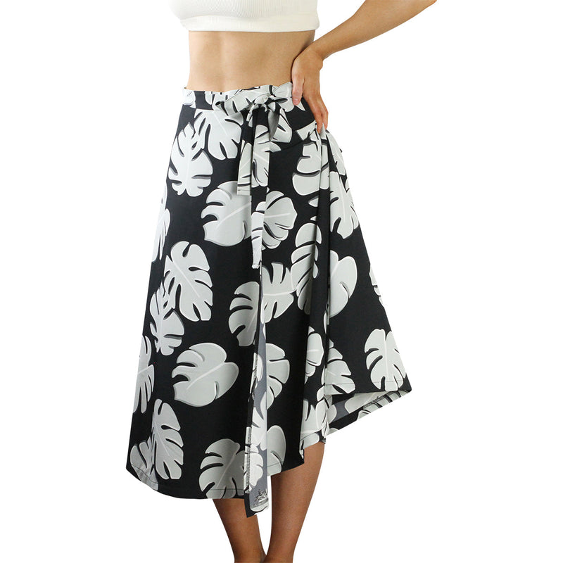 Woman Wearing the Women's Wrap Skirt in Black Flora|black-flora