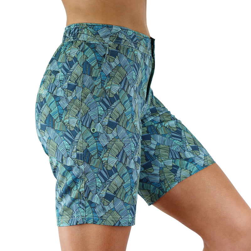 Side View of the Women's Board Shorts in Antigua Fan|antigua-fan