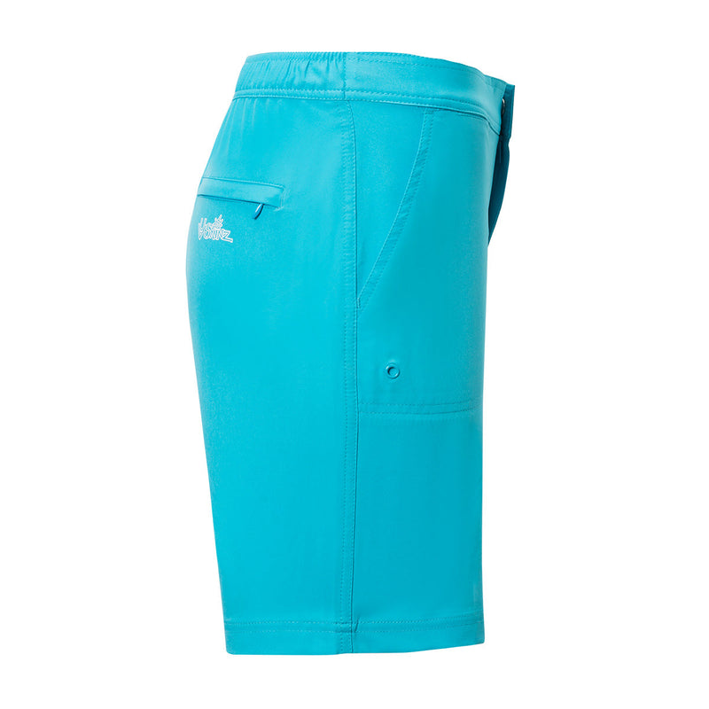 Side View of the Women's Board Shorts in Aqua|aqua