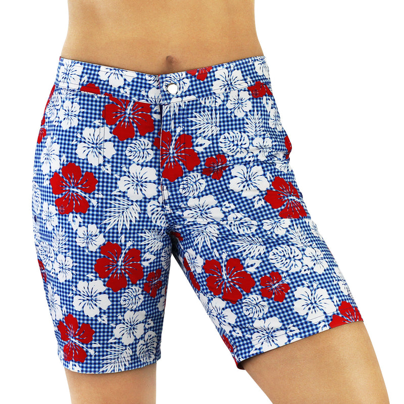 women's board shorts in red americana gingham|red-americana-gingham