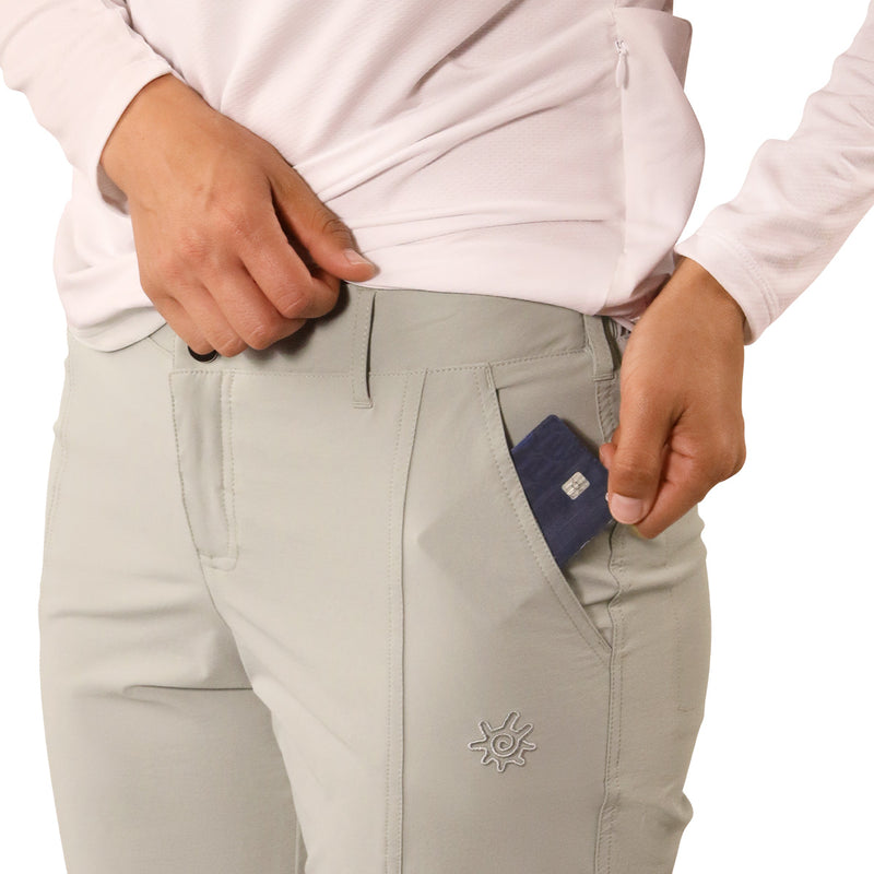 close up of pocket of woman in walking capris in agave|agave