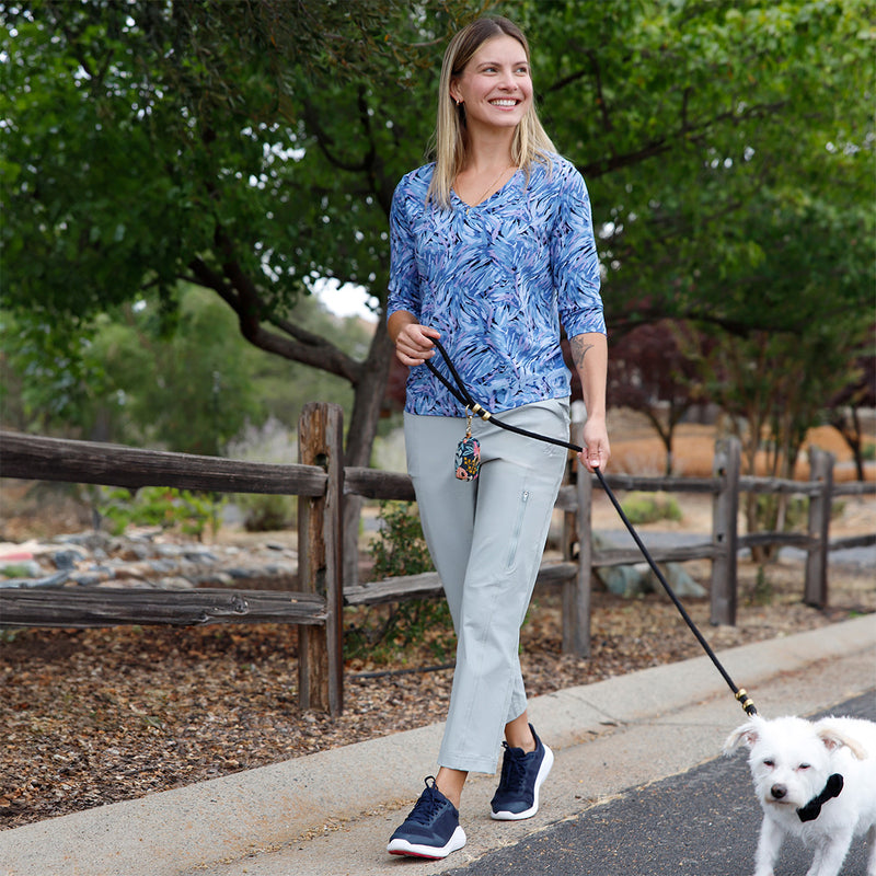 woman walking dog in three quarter sleeve vneck r&r tee in brushstrokes|brushstrokes