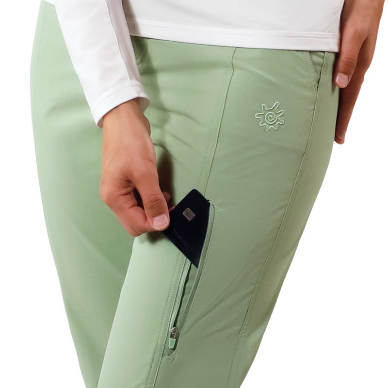 thigh view pocket of woman in walking capris in sage|sage