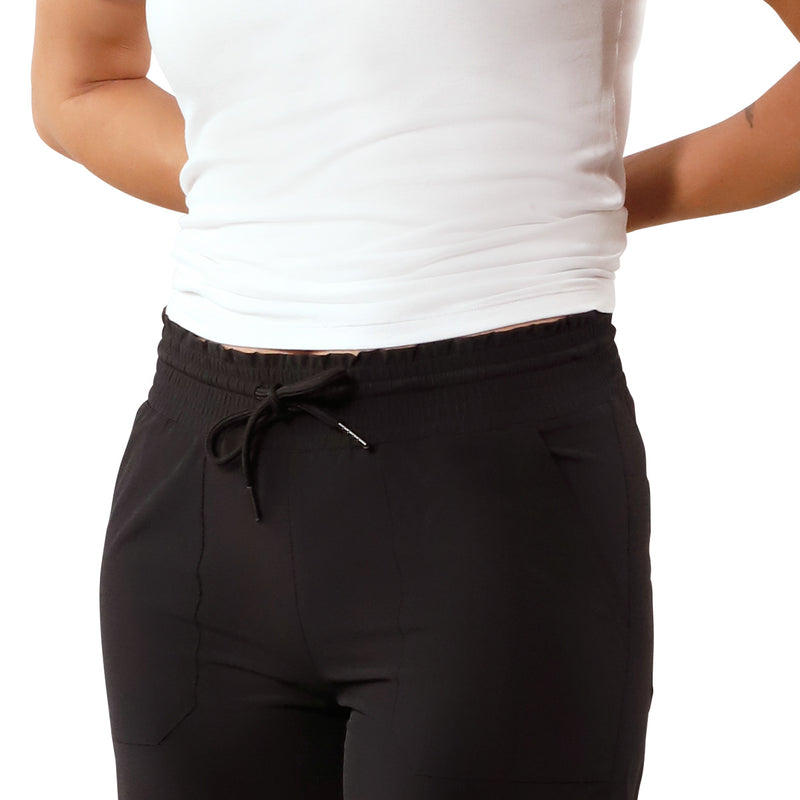 waistband view of womens walking capris in black|black