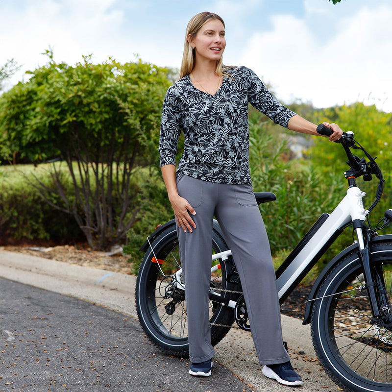 woman with bike in everyday wide leg pants in iron|iron