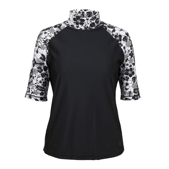 Women's Aloha Short Sleeve Sun & Swim Shirt in Black Aloha|black-aloha