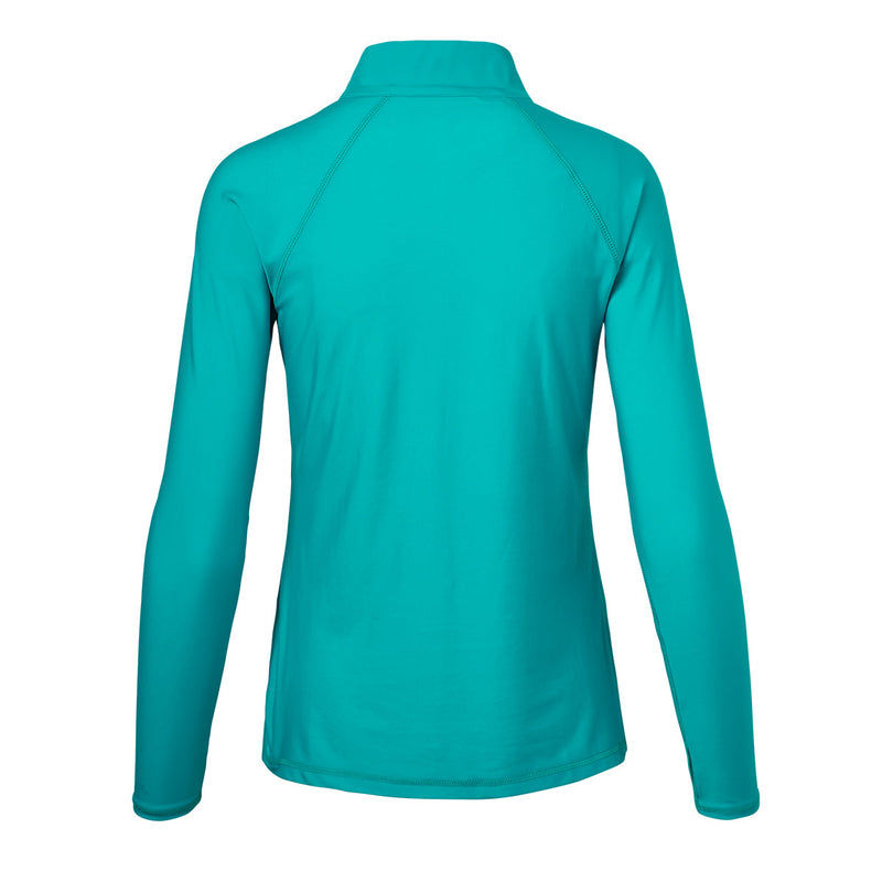 back of the women’s long sleeve quarter zip swim shirt in teal|teal