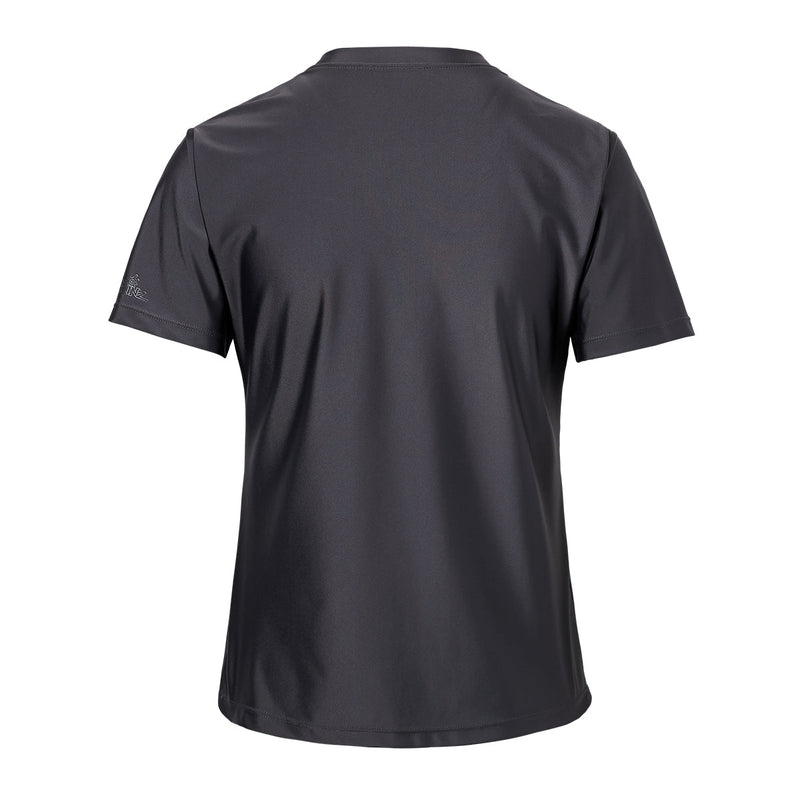 Back of the women's quarter zip crew swim shirt in charcoal|charcoal