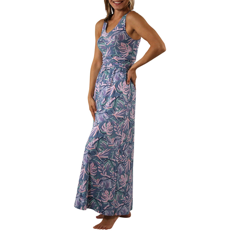 women's v-neck maxi dress in pastel palms|pastel-palms