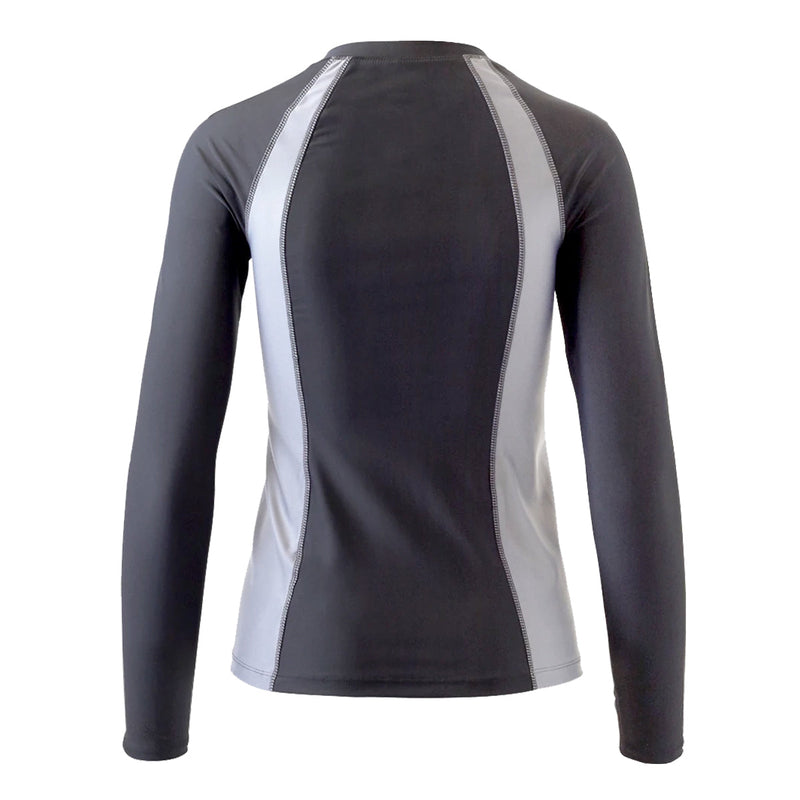 back of the women's long sleeve rash guard in black|black