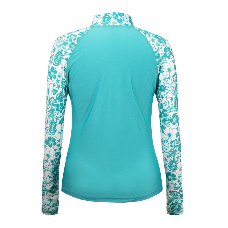 Back of the Women's Aloha Long Sleeve Sun & Swim Shirt in Teal Aloha|teal-aloha