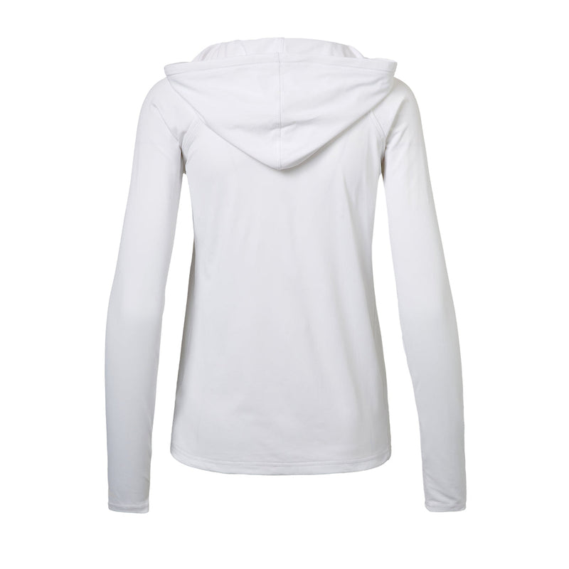 back of the UV Skinz's women's hooded water jacket in white|white