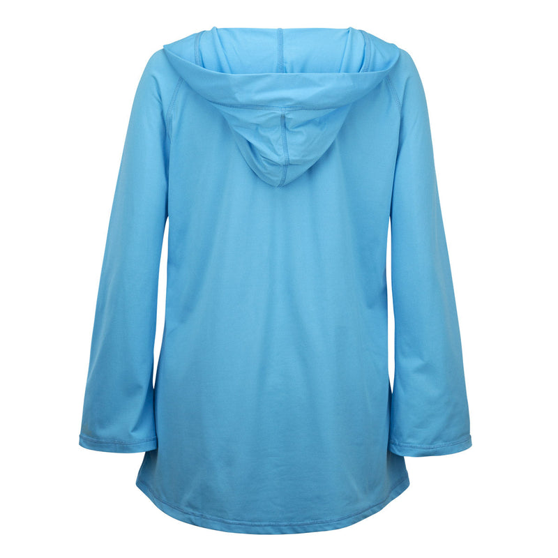 Back of the Women's Hooded Beach Cover Up in Aqua|aqua