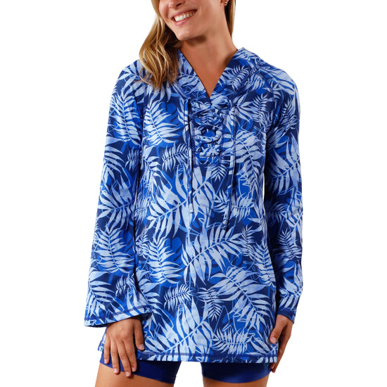 Women's Hooded Beach Cover Up in Navy Blue Palms|navy-blue-palms