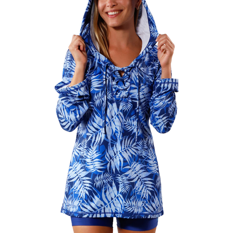 Women's Hooded Beach Cover Up in Navy Blue Palms|navy-blue-palms