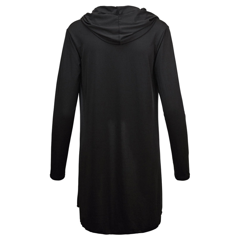 back of the women's hooded beach cover up in black|black