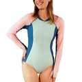 front of womens LS half zip swimsuit|frosty-green-colorblock