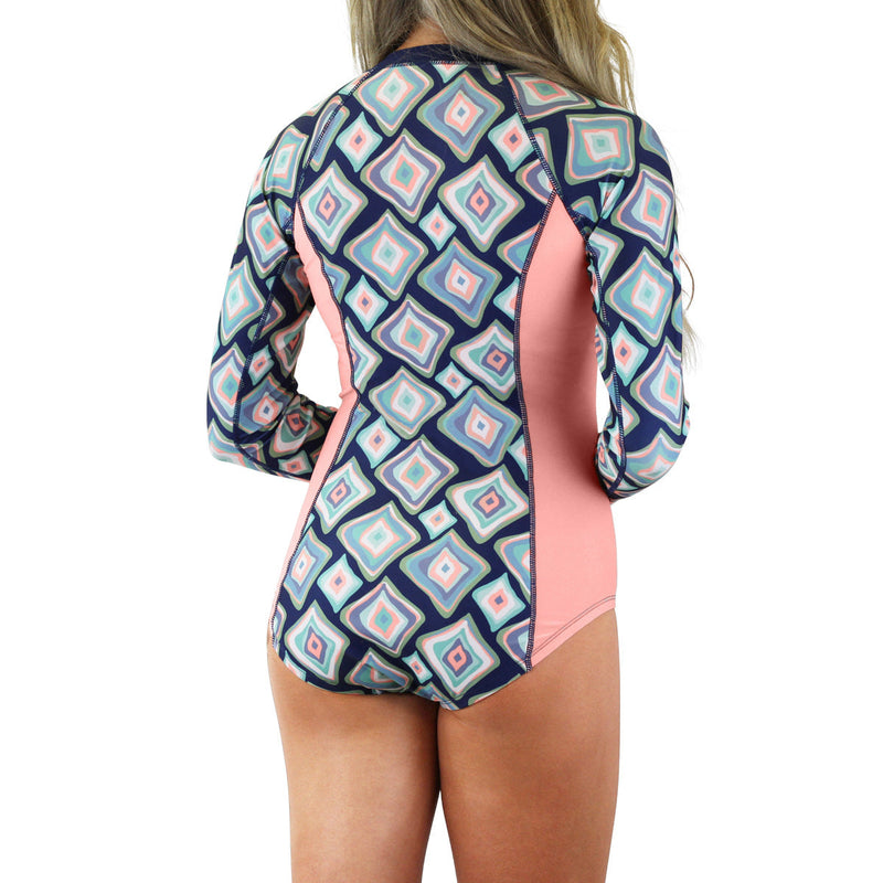 back of the women's long sleeve swimsuit with UPF in retro diamonds|retro-diamonds