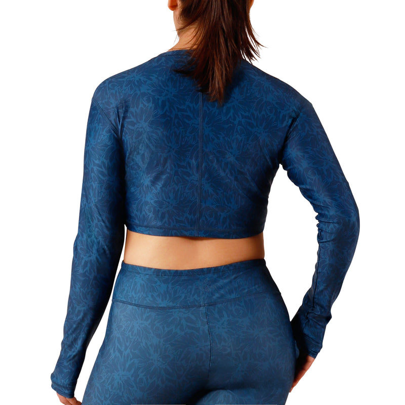 back view of women's active swim shrug in midnight garden|midnight-garden